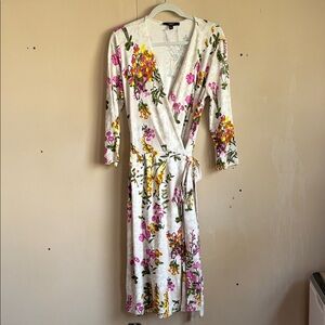 MaxMara Weekend White Floral Wrap Midi Dress with Pink & Yellow Blooms